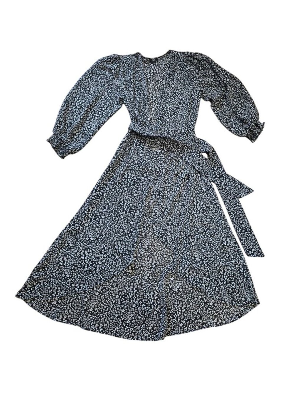 Ela Floral Midi Dress Black White Puff Sleeve Tie Waist Sheer Size 8.